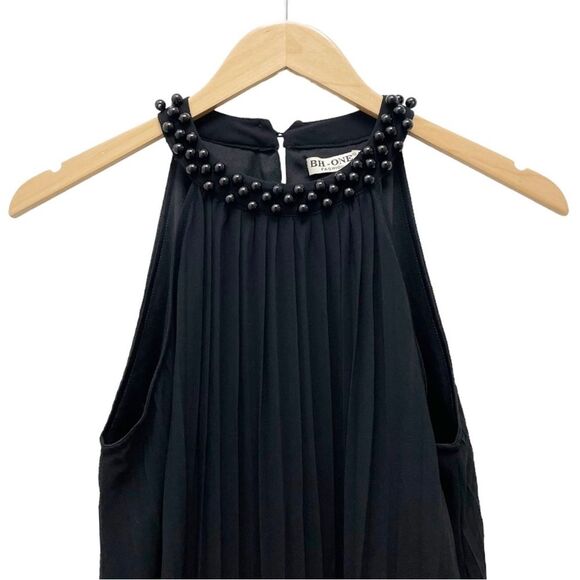 Vintage BH-One Fashion Black Chiffon Pleated Halter Beaded Neck Dress Sz Medium - Picture 8 of 13